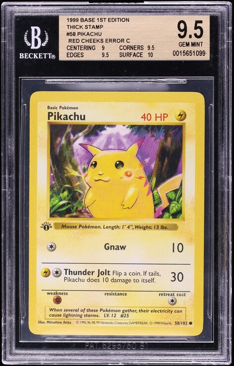 1999 POKEMON BASE SET SHADOWLESS 1ST EDITION THICK STAMP RED CHEEKS PIKACHU #58 BGS 9.5
