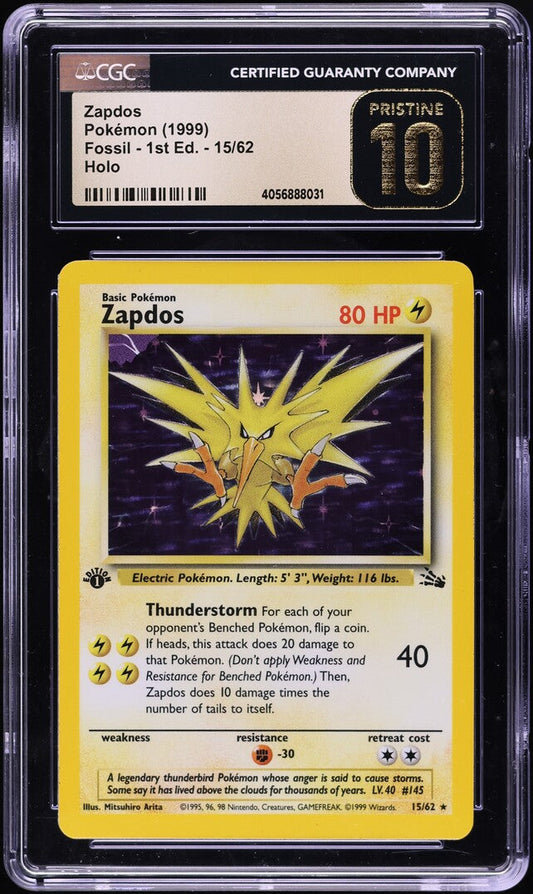 1999 POKEMON FOSSIL 1ST EDITION HOLO ZAPDOS #15 CGC 10 PRISTINE