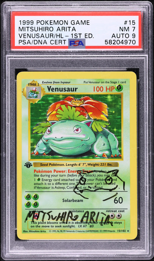 1999 POKEMON BASE SET SHADOWLESS 1ST EDITION HOLO VENUSAUR #15 ARITA AUTO 9 PSA 7