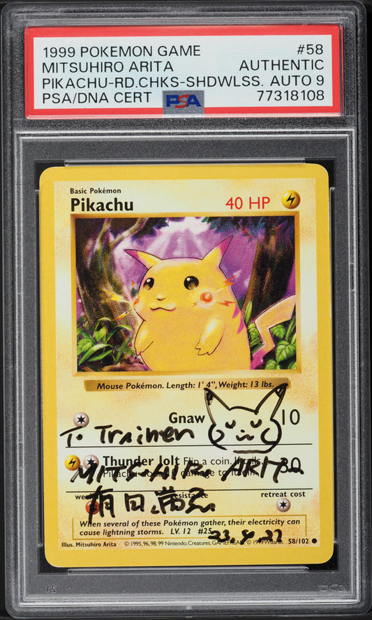 1999 POKEMON BASE SET SHADOWLESS RED CHEEKS PIKACHU #58 ARITA AUTO 9 PSA AUTHENTIC