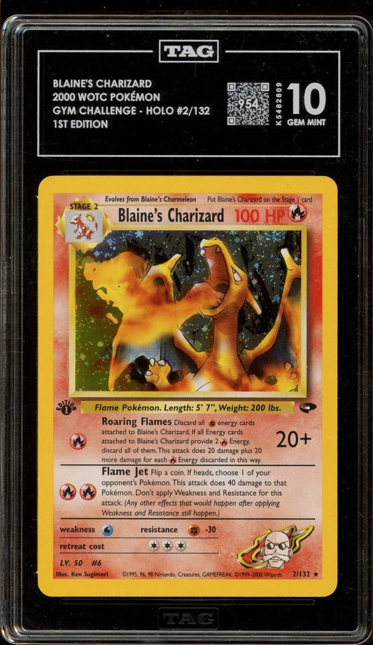 2000 POKEMON GYM CHALLENGE 1ST EDITION HOLO BLAINE'S CHARIZARD #2 TAG 10