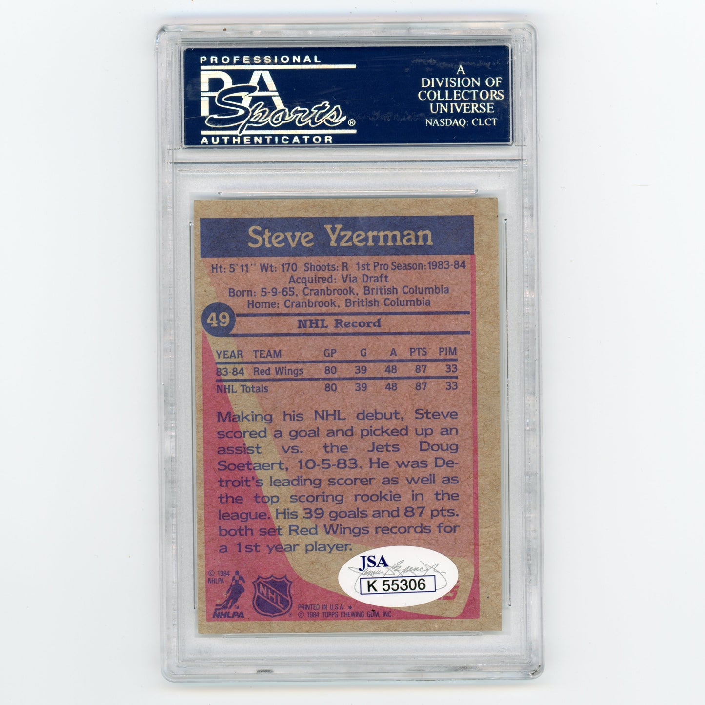 1984 TOPPS Steve Yzerman #49 PSA/DNA Certified Authentic Auto (Case has edge cracks) (#MW8029)