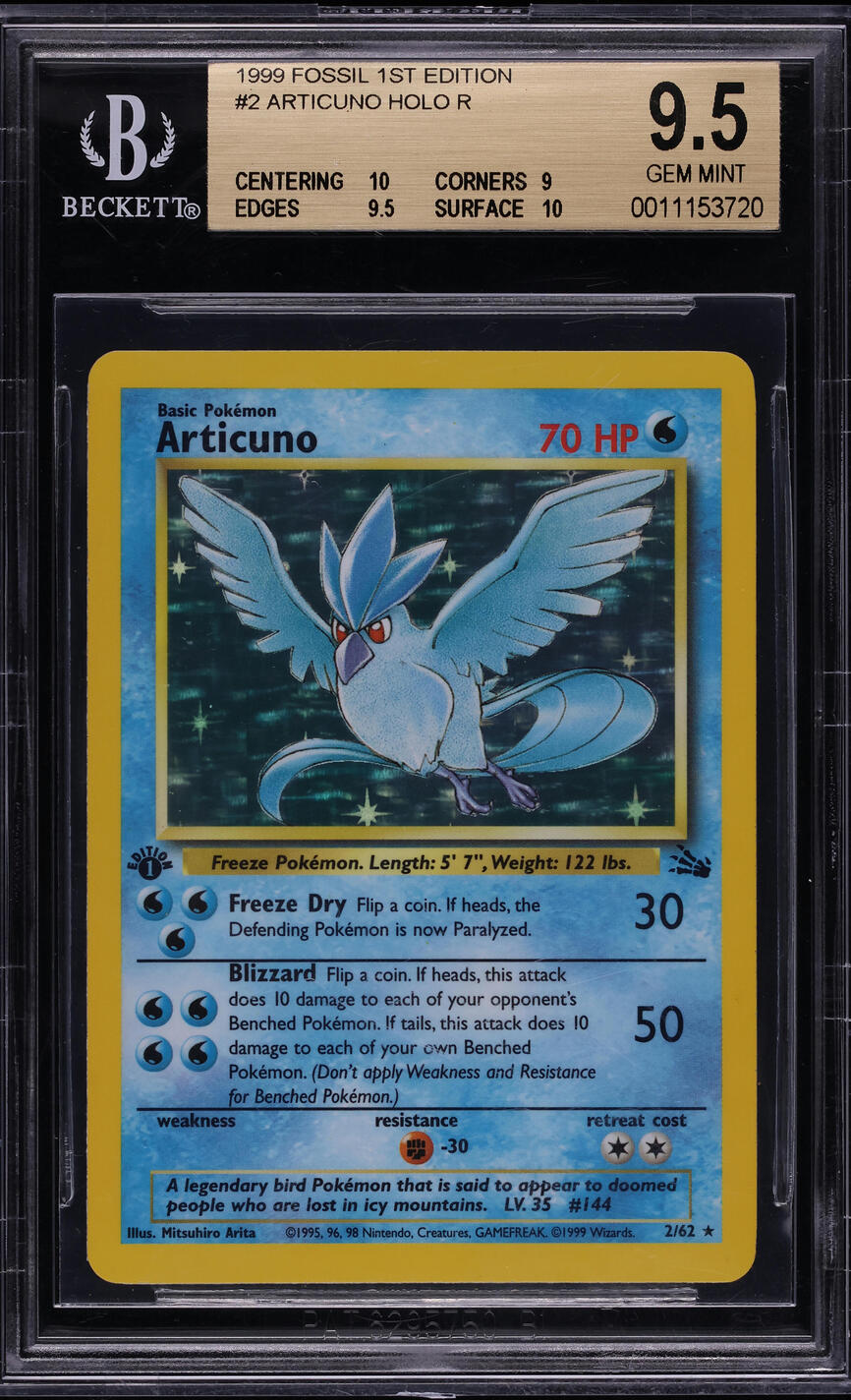 1999 POKEMON FOSSIL 1ST EDITION HOLO ARTICUNO #2 BGS 9.5 GEM MINT