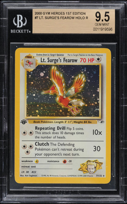 2000 POKEMON GYM HEROES 1ST EDITION HOLO LT. SURGE'S FEAROW #7 BGS 9.5 GEM MINT