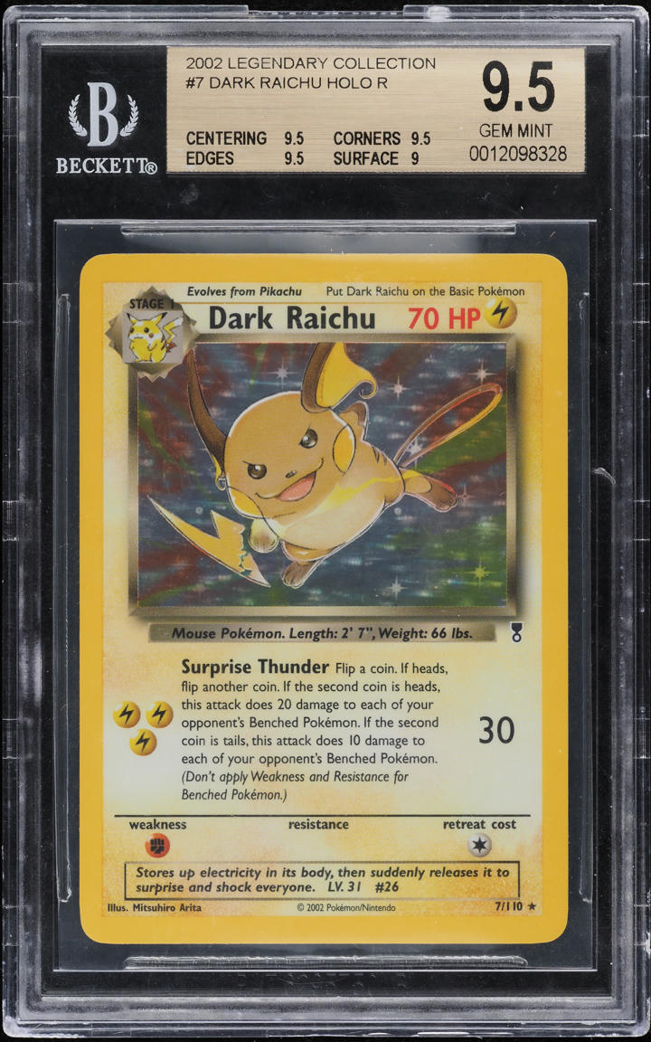 2002 POKEMON LEGENDARY COLLECTION HOLO DARK RAICHU #7 BGS 9.5 GEM MINT