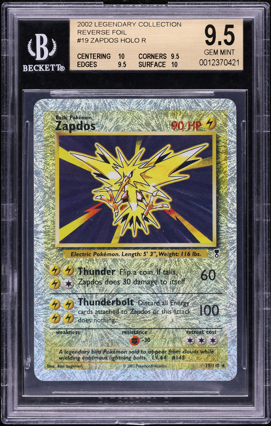 2002 POKEMON LEGENDARY COLLECTION REVERSE HOLO ZAPDOS #19 BGS 9.5 GEM MINT