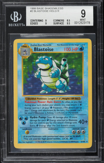 1999 POKEMON BASE SET SHADOWLESS HOLO BLASTOISE #2 BGS 9