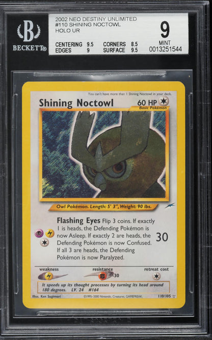 2002 POKEMON NEO DESTINY HOLO SHINING NOCTOWL #110 BGS 9 MINT