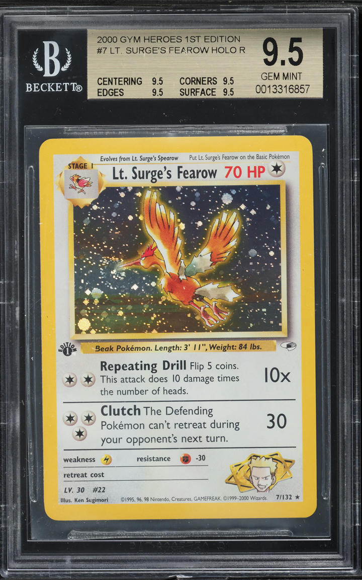 2000 POKEMON GYM HEROES 1ST EDITION HOLO LT. SURGE'S FEAROW #7 BGS 9.5 GEM MINT