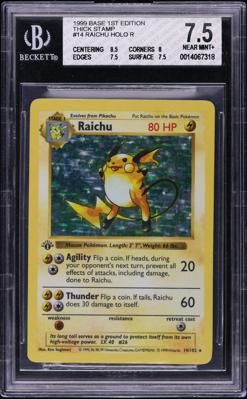 1999 POKEMON BASE SET SHADOWLESS 1ST EDITION HOLO RAICHU #14 BGS 7.5 NRMT+