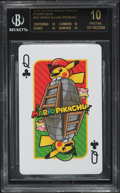 2016 POKEMON PLAYING CARDS MARIO LUIGI PIKACHU QUEEN OF CLUBS BGS 10 BLACK LABEL