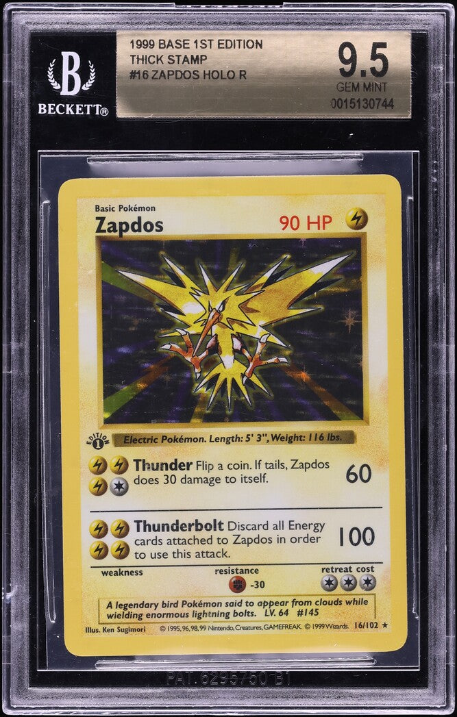 1999 POKEMON BASE SET SHADOWLESS 1ST EDITION HOLO THICK STAMP ZAPDOS #16 BGS 9.5 GEM MINT