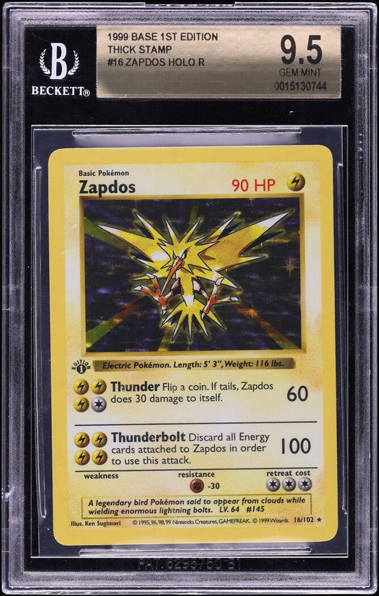 1999 POKEMON BASE SET SHADOWLESS 1ST EDITION HOLO THICK STAMP ZAPDOS #16 BGS 9.5 GEM MINT