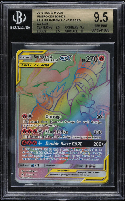 2019 POKEMON SM UNBROKEN BONDS HYPER RARE RESHIRAM & CHARIZARD GX BGS 9.5 GEM