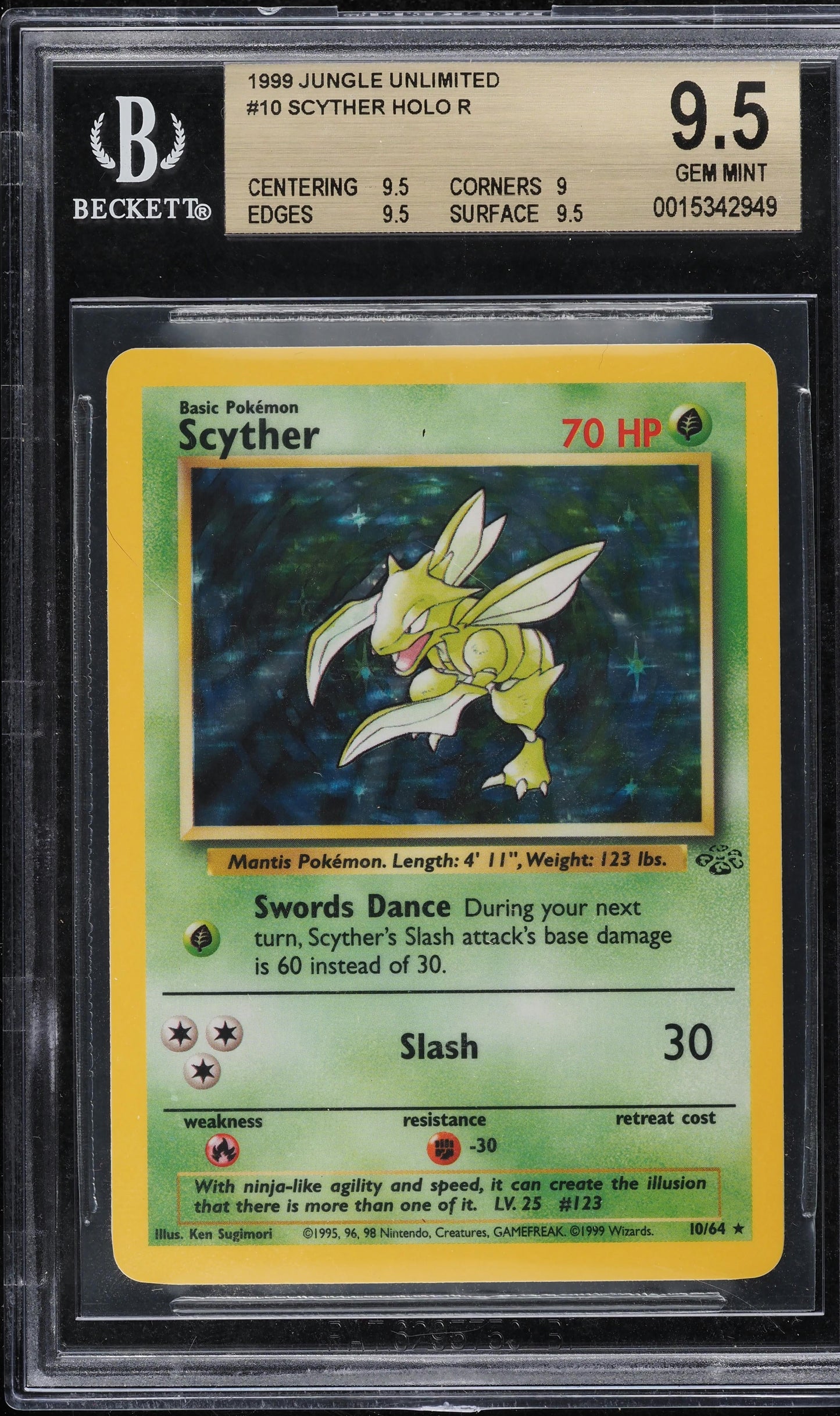 1999 POKEMON JUNGLE HOLO SCYTHER #10 BGS 9.5 GEM MINT