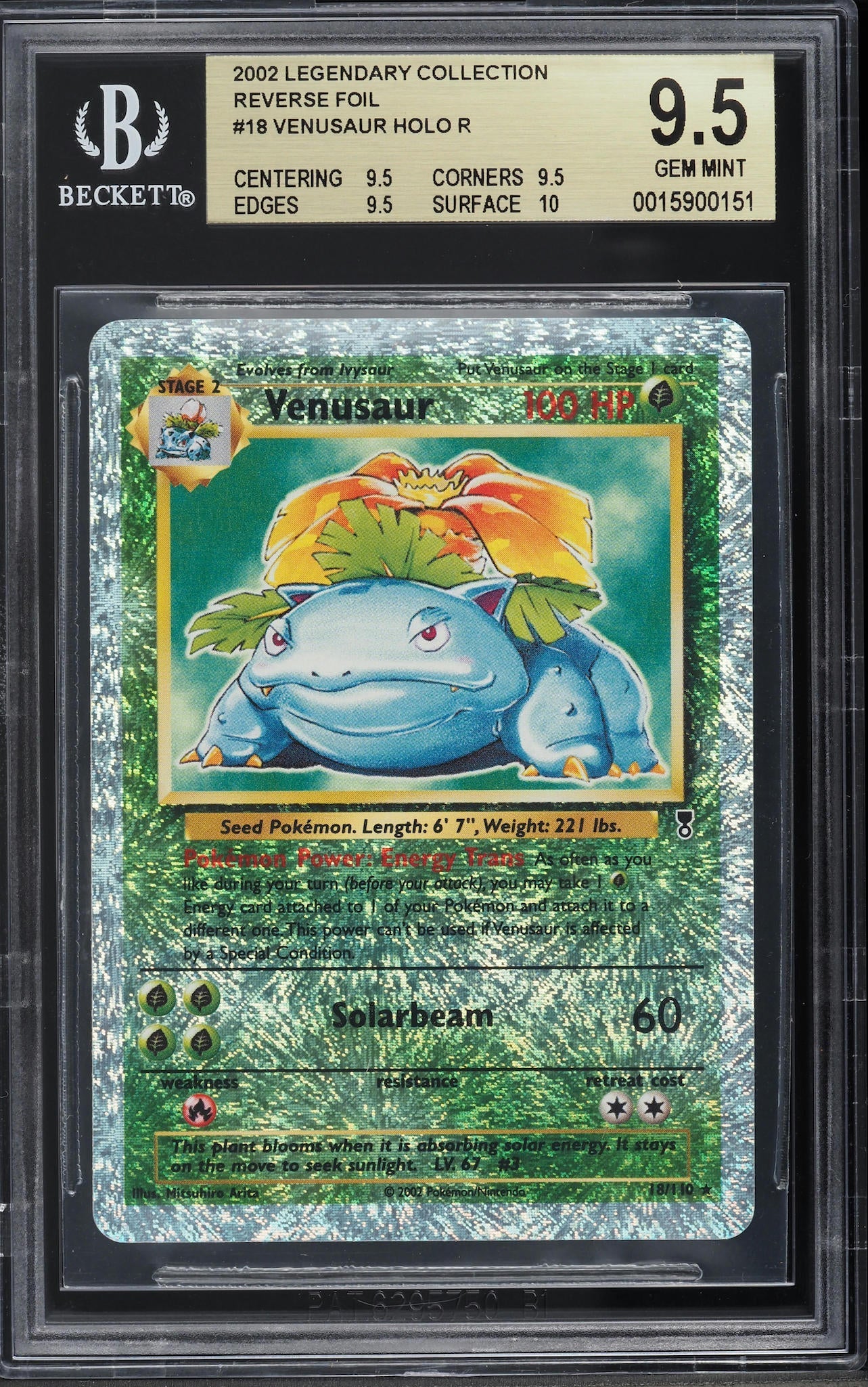 2002 POKEMON LEGENDARY COLLECTION REVERSE HOLO VENUSAUR #18 BGS 9.5 GEM MINT