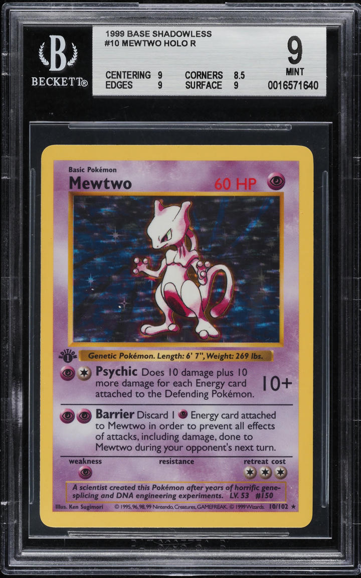 1999 POKEMON BASE SET SHADOWLESS HOLO MEWTWO #10 BGS 9 MINT