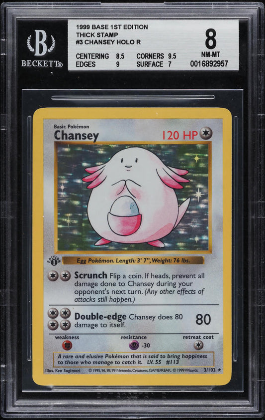 1999 POKEMON BASE SET SHADOWLESS 1ST EDITION THICK STAMP HOLO CHANSEY #3 BGS 8