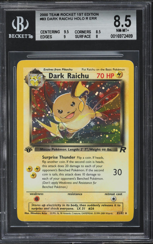 2000 POKEMON TEAM ROCKET 1ST EDITION HOLO DARK RAICHU #83 BGS 8.5