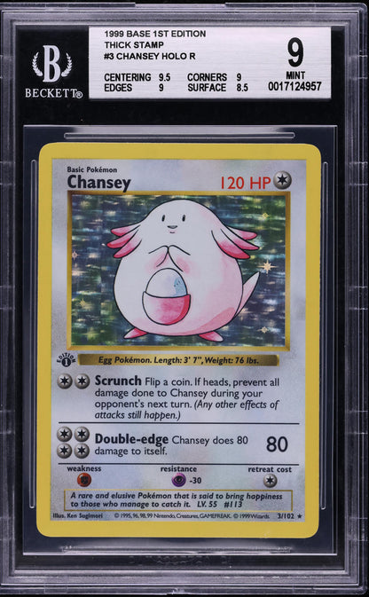 1999 POKEMON BASE SET SHADOWLESS 1ST EDITION THICK STAMP HOLO CHANSEY BGS 9 MINT