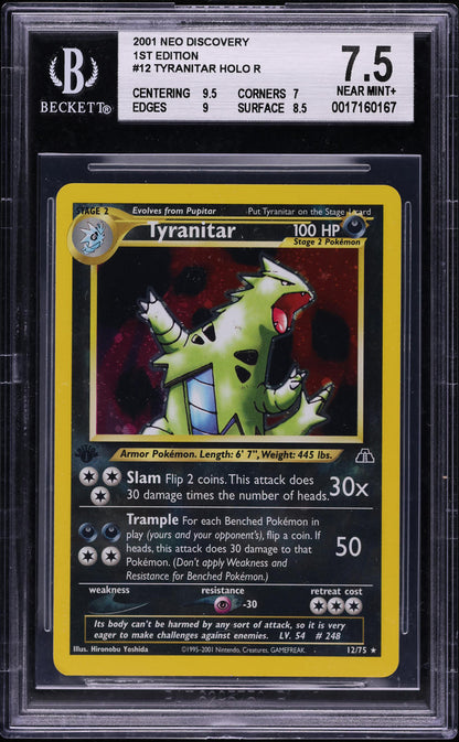 2001 POKEMON NEO DISCOVERY 1ST EDITION HOLO TYRANITAR #12 BGS 7.5 NRMT+