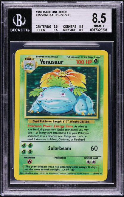 1999 POKEMON BASE SET HOLO VENUSAUR #15 BGS 8.5 NM-MT+