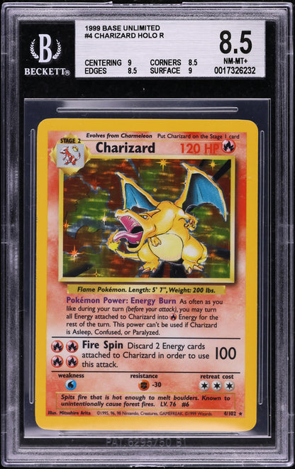 1999 POKEMON BASE SET HOLO CHARIZARD #4 BGS 8.5 NM-MT+