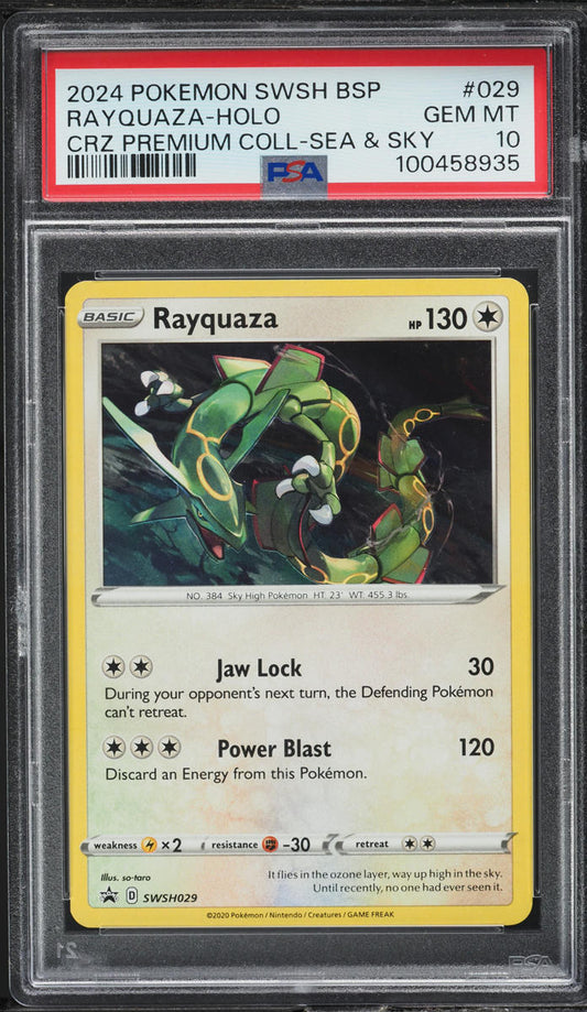 2024 POKEMON SWSH BSP CROWN ZENITH PREMIUM COLLECTION SEA & SKY HOLO RAYQUAZA #29 PSA 10