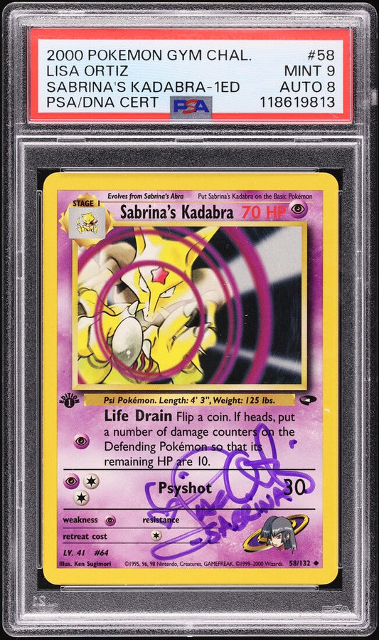 2000 POKEMON GYM CHALLENGE 1ST EDITION SABRINA'S KADABRA #58 LISA ORTIZ AUTO 8 PSA 9 *VOICE ACTRESS*