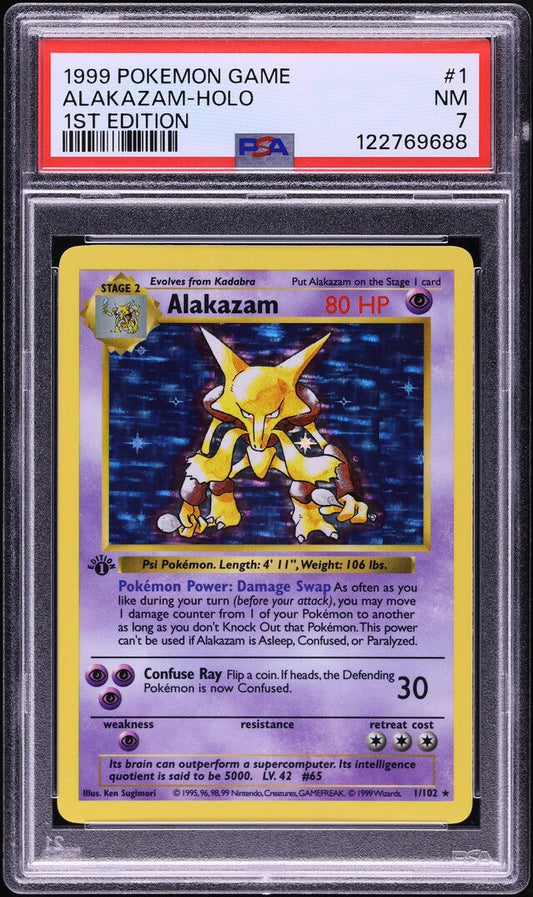 1999 POKEMON BASE SET SHADOWLESS 1ST EDITION HOLO ALAKAZAM #1 PSA 7 NRMT