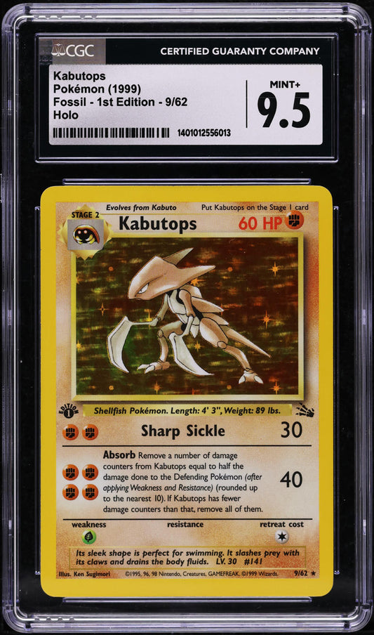 1999 POKEMON FOSSIL 1ST EDITION HOLO KABUTOPS #9 CGC 9.5 MINT+