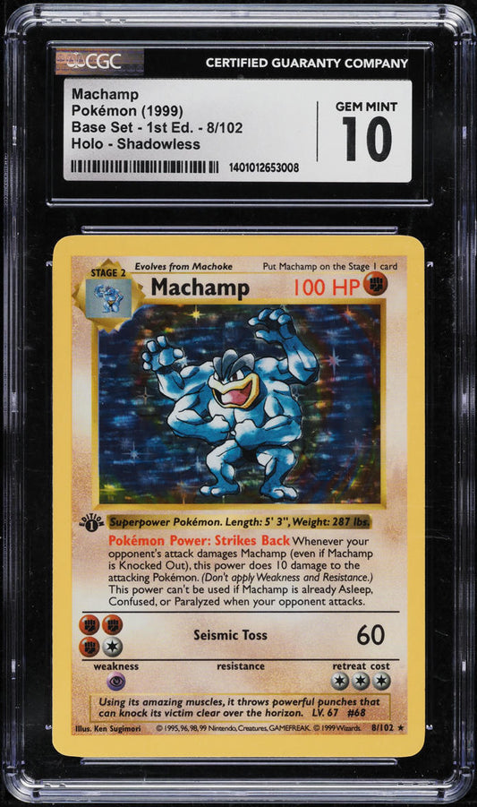 1999 POKEMON BASE SET SHADOWLESS 1ST EDITION HOLO MACHAMP #8 CGC 10 GEM MINT