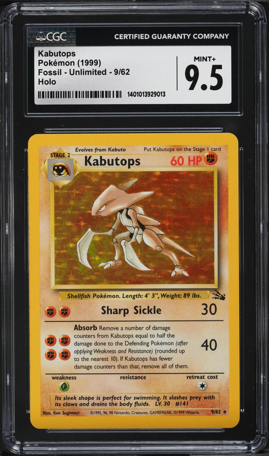 1999 POKEMON FOSSIL HOLO KABUTOPS #9 CGC 9.5 MINT+