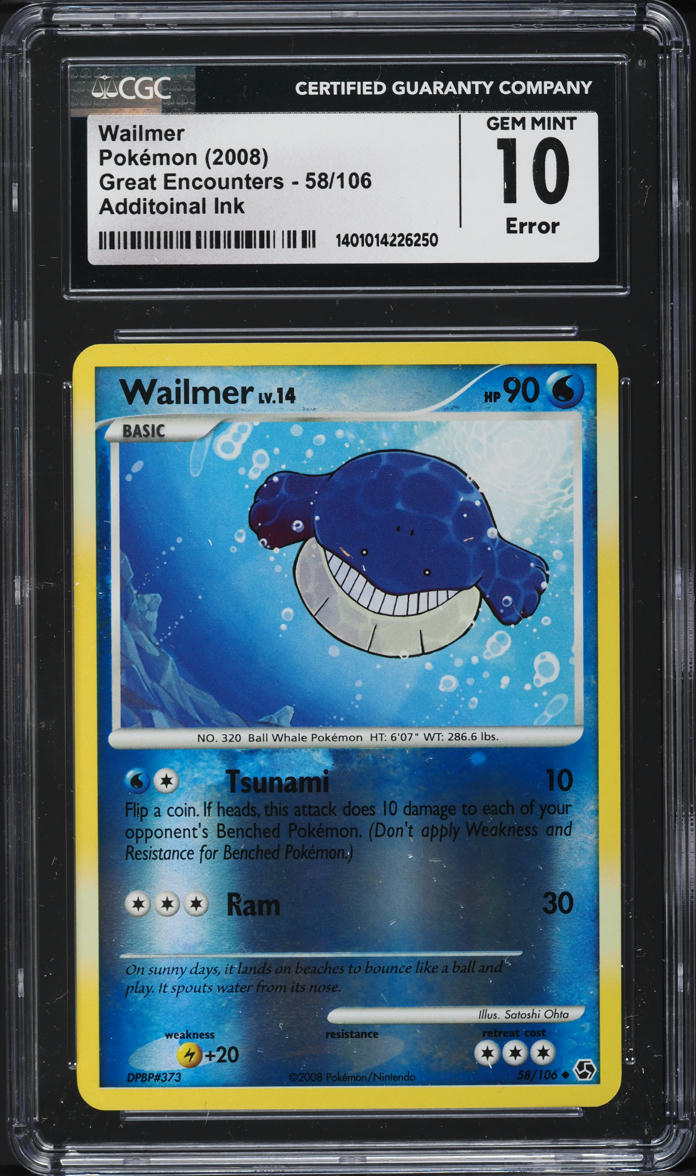 2008 POKEMON DP GREAT ENCOUNTERS ADDITIONAL INK ERROR WAILMER #58 CGC 10