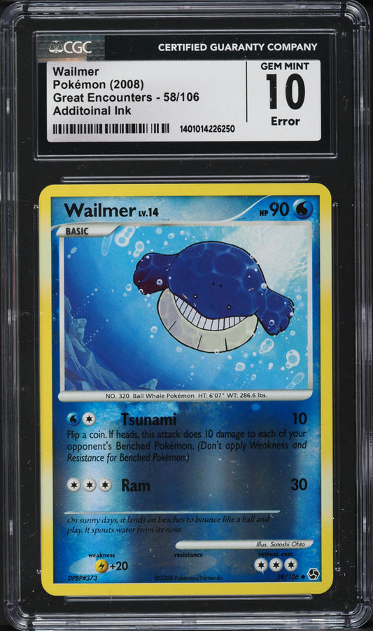 2008 POKEMON DP GREAT ENCOUNTERS ADDITIONAL INK ERROR WAILMER #58 CGC 10