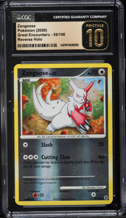 2008 POKEMON DP GREAT ENCOUNTERS REVERSE HOLO ZANGOOSE #59 CGC 10 PRISTINE