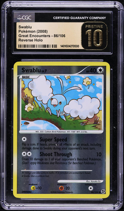 2008 POKEMON GREAT ENCOUNTERS REVERSE HOLO SWABLU #86 CGC 10 PRISTINE