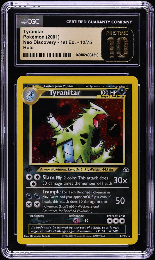2001 POKEMON NEO DISCOVERY 1ST EDITION HOLO TYRANITAR #12 CGC 10 PRISTINE