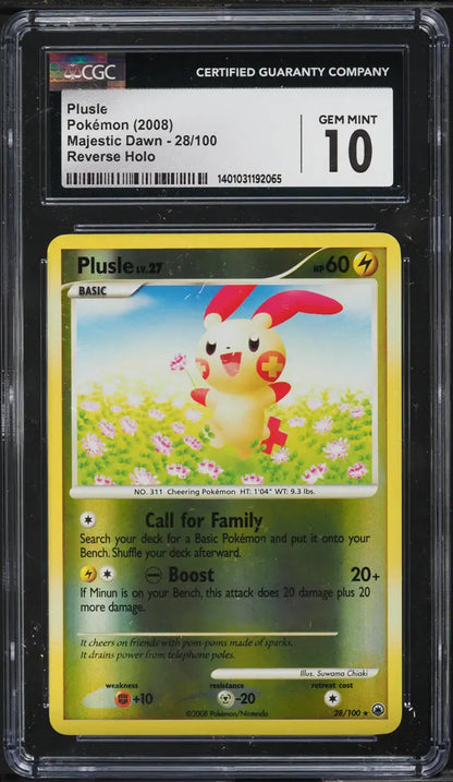 2008 POKEMON MAJESTIC DAWN REVERSE HOLO PLUSLE #28 CGC 10 GEM MINT