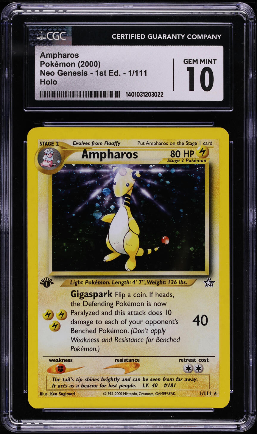 2000 POKEMON NEO GENESIS 1ST EDITION HOLO AMPHAROS #1 CGC 10 GEM MINT