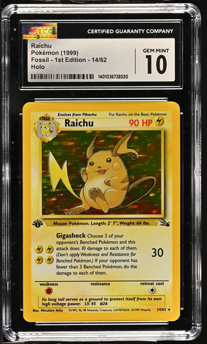 1999 POKEMON FOSSIL 1ST EDITION HOLO RAICHU #14 CGC 10