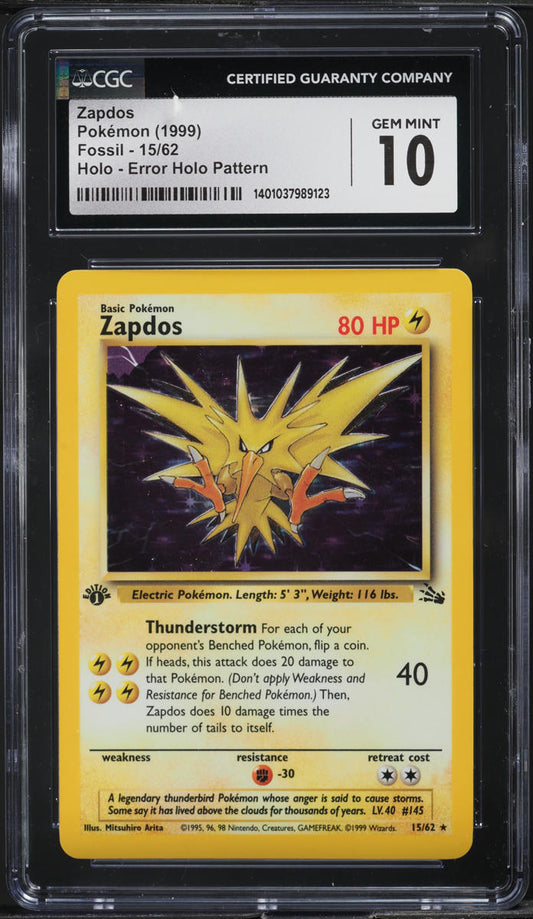 1999 POKEMON FOSSIL HOLO ERROR ZAPDOS #15 CGC 10