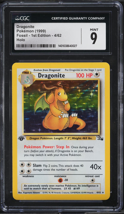 1999 POKEMON FOSSIL 1ST EDITION HOLO DRAGONITE #4 CGC 9 MINT