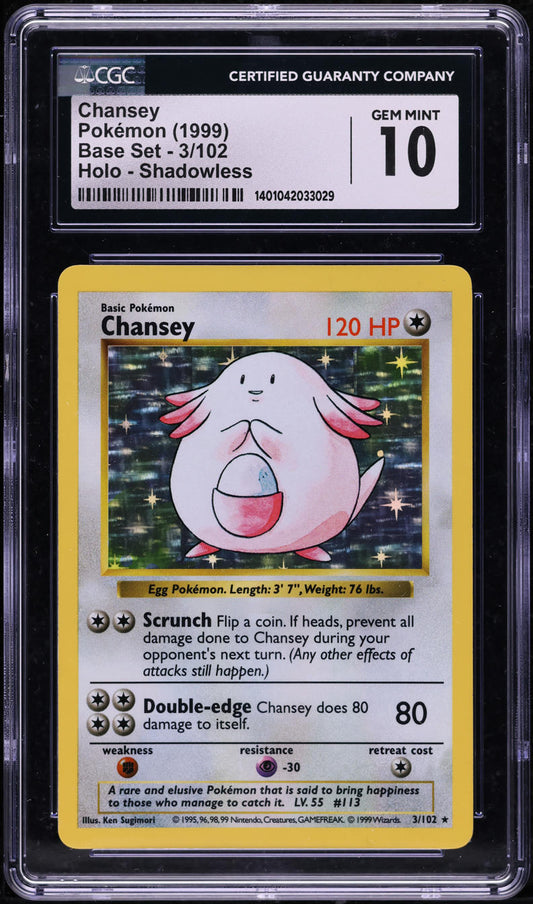 1999 POKEMON BASE SET SHADOWLESS HOLO CHANSEY #3 CGC 10 GEM MINT