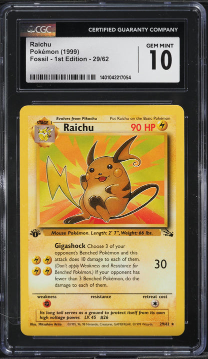 1999 POKEMON FOSSIL 1ST EDITION RAICHU #29 CGC 10 GEM MINT