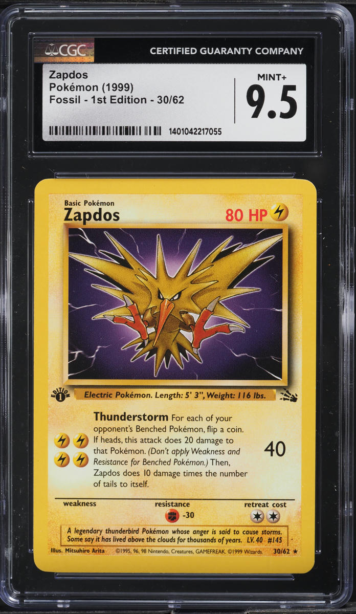 1999 POKEMON FOSSIL 1ST EDITION ZAPDOS #30 CGC 9.5 MINT+