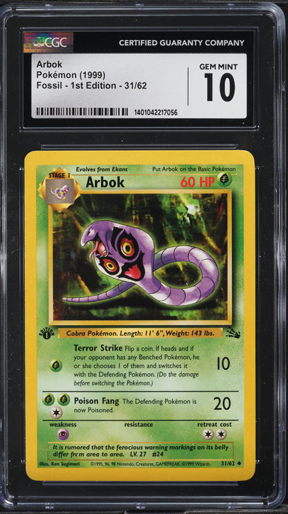 1999 POKEMON FOSSIL 1ST EDITION ARBOK #31 CGC 10 GEM MINT