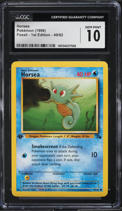 1999 POKEMON FOSSIL 1ST EDITION HORSEA #49 CGC 10 GEM MINT