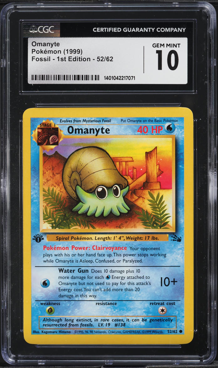 1999 POKEMON FOSSIL 1ST EDITION OMANYTE #52 CGC 10 GEM MINT