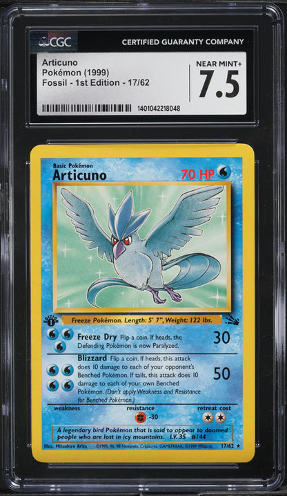 1999 POKEMON FOSSIL 1ST EDITION ARTICUNO #17 CGC 7.5 NRMT+